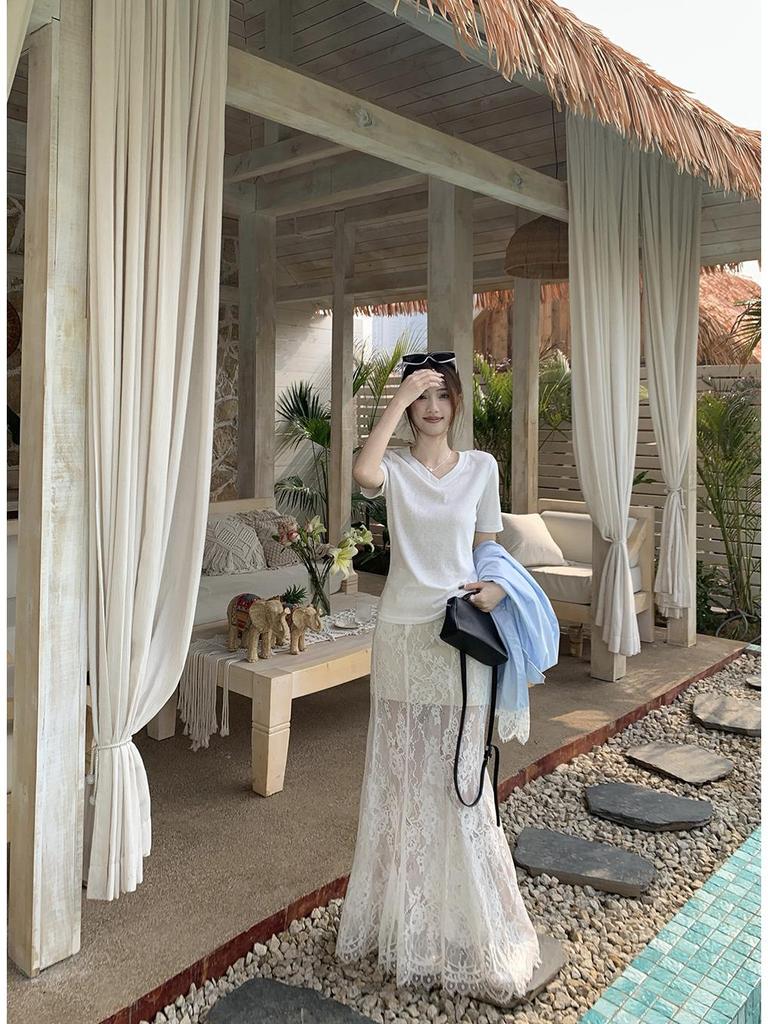 Women's Blue Spliced Lace Shirt Jacket - 2025 Korean Design, Loose Fit, Sun Protection for Summer