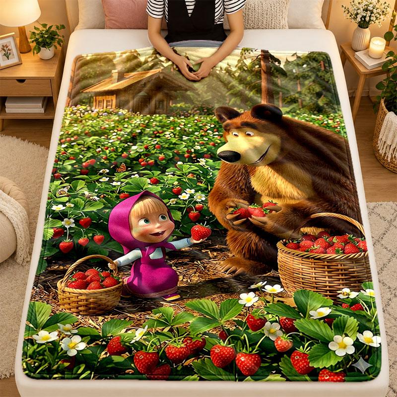 Flannel BlanketMasha and the Bear Warm Soft Throw Blanket for Indoor Sofa Bed Living Room Use