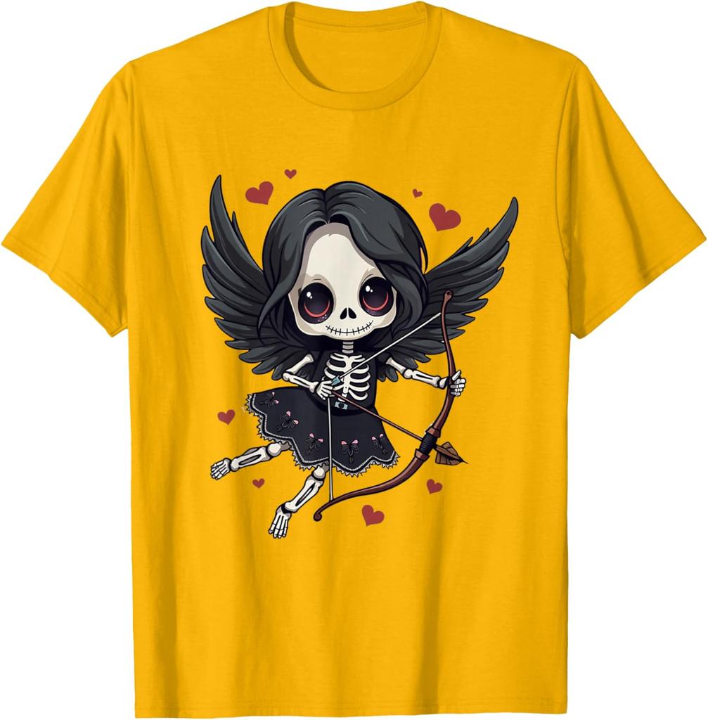 Gothic Skeleton Cupid Dark Valentine Kawaii Angel Graphic Tee Casual Cotton T-Shirt