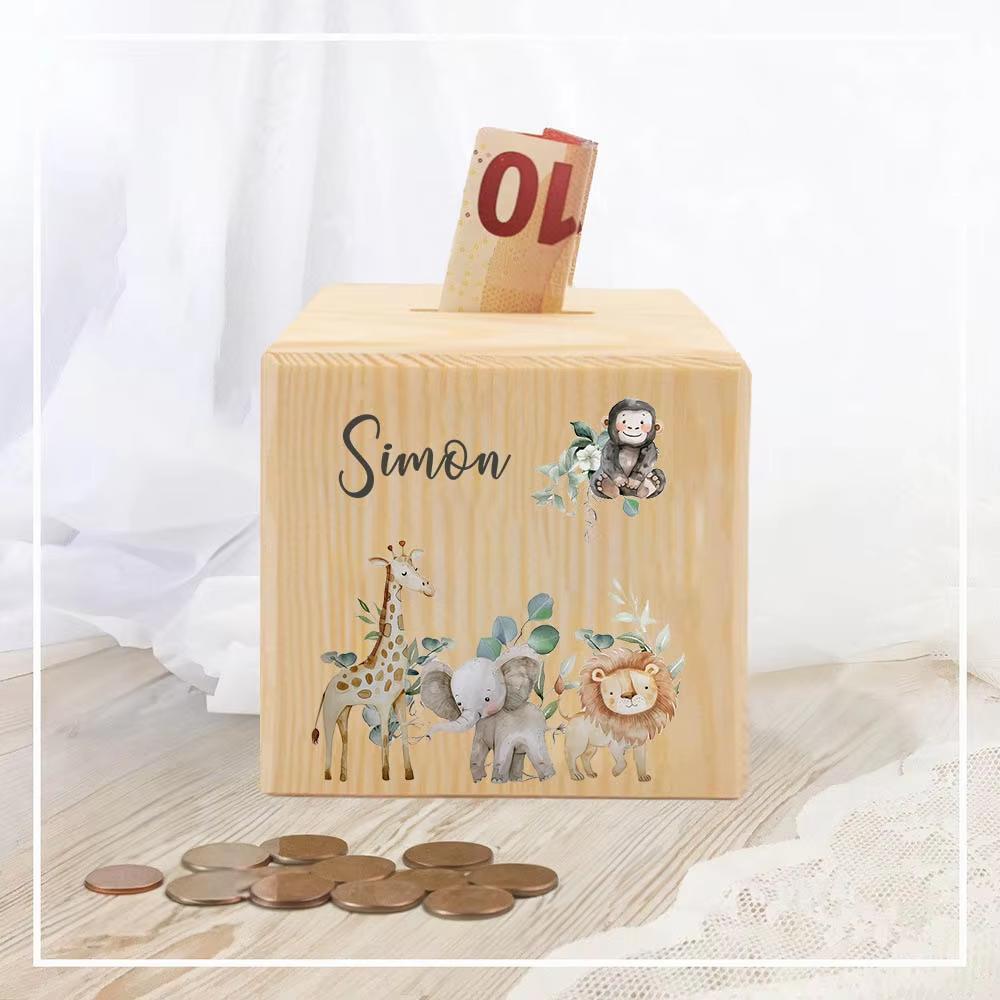 Spersonalizowana Skarbonka Zwierzę z Imieniem Skarbonki dla Dzieci Pudełko na Kolekcję Monet Drewniany Banknot Bank Dziecięce Urodziny Chrzciny Baby Shower Prezent