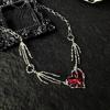 Chain Necklace Women Red Rhinestone Heart Pendant Skeleton Hand Shape