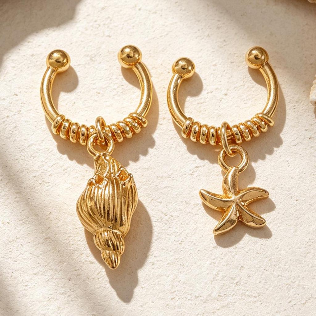 Starfish Seashell Ear Cuff for Non-Pierced Ears - Beach Vacation Ocean Style Women's Accessory