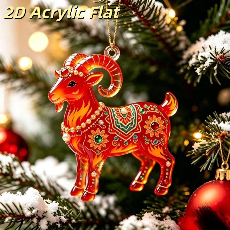 2D Acrylic Goat Christmas Tree Pendants Cute Animal Sheep Hanging Ornaments For Xmas Tree Decor Party Supplies  Year Gifts