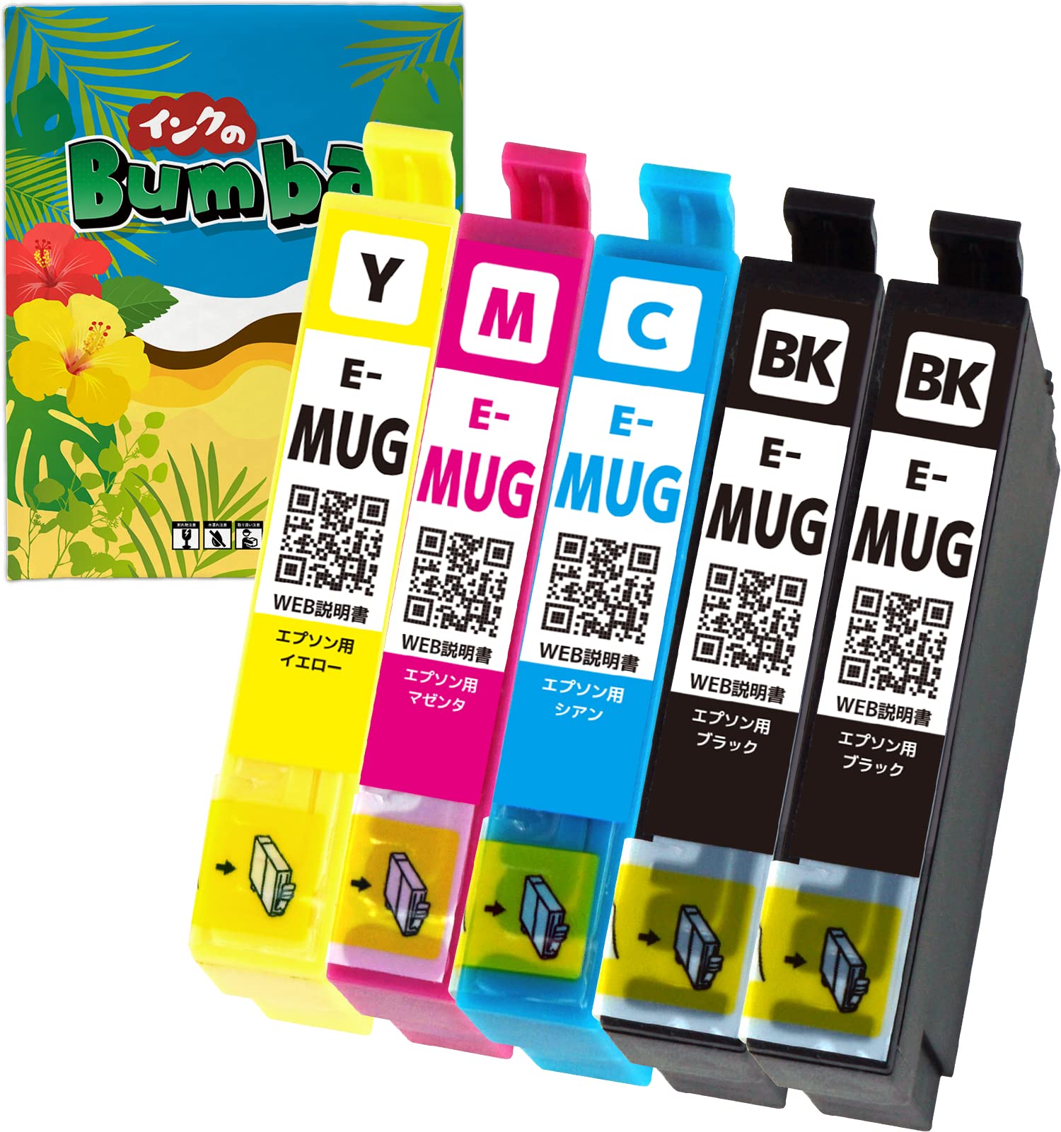 

[Bumba]MUG-4CL Epson Compatible Ink Cartridge 4 Color Set + BK (Set of 5) MUG Mug Ink EW-452A EW-052A Remaining Level Display Individually Wrapped QR