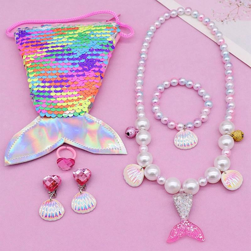 Mermaid Accessories Zircon Set Sequins Purse Necklace Bracelet Earrings