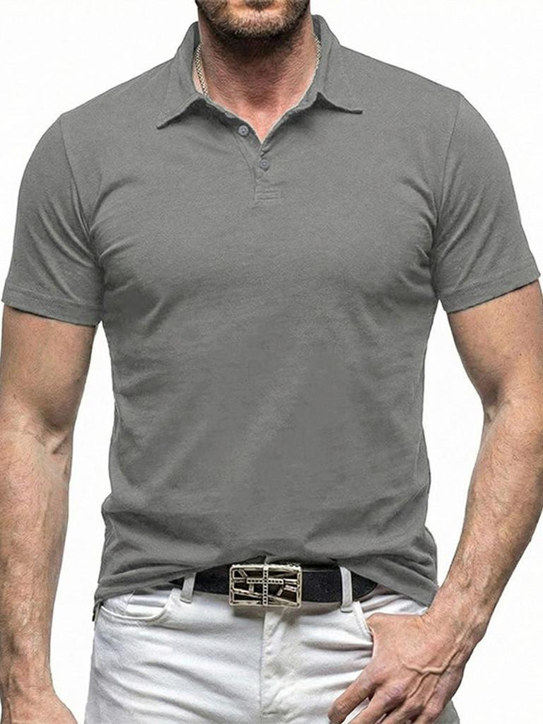 Men Casual Solid Color Short Sleeve Turn Down Collar Polo Shirt