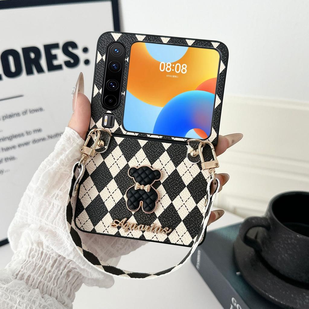 Applicable to Huawei purax mobile phone case plain leather rhombus X wide folding new bear portable belt lanyard protective case