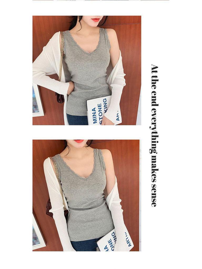 Modal Cotton V-Neck Lace Trim Ribbed Tank Top - Slim-Fit Versatile Camisole for Spring/Summer