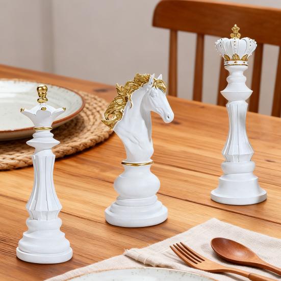 Chess Piece Statue Collectible Black White Horse Sculpture King Queen Knight Chess Piece Figurine for Home Office Desk Shelf Decoration