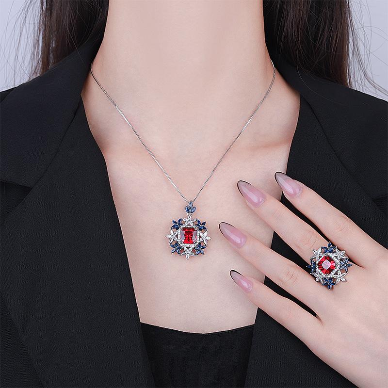 Jewelry Copper Bottom Gold Plated Jewelry Set Simulation Red Corundum Emerald Flower Set Female 10 * 10