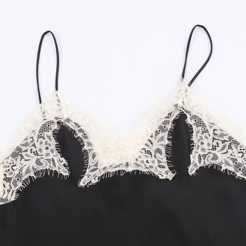 European-American Style Women's Satin Lace Camisole - Autumn 2025 Collection, Color Block Design