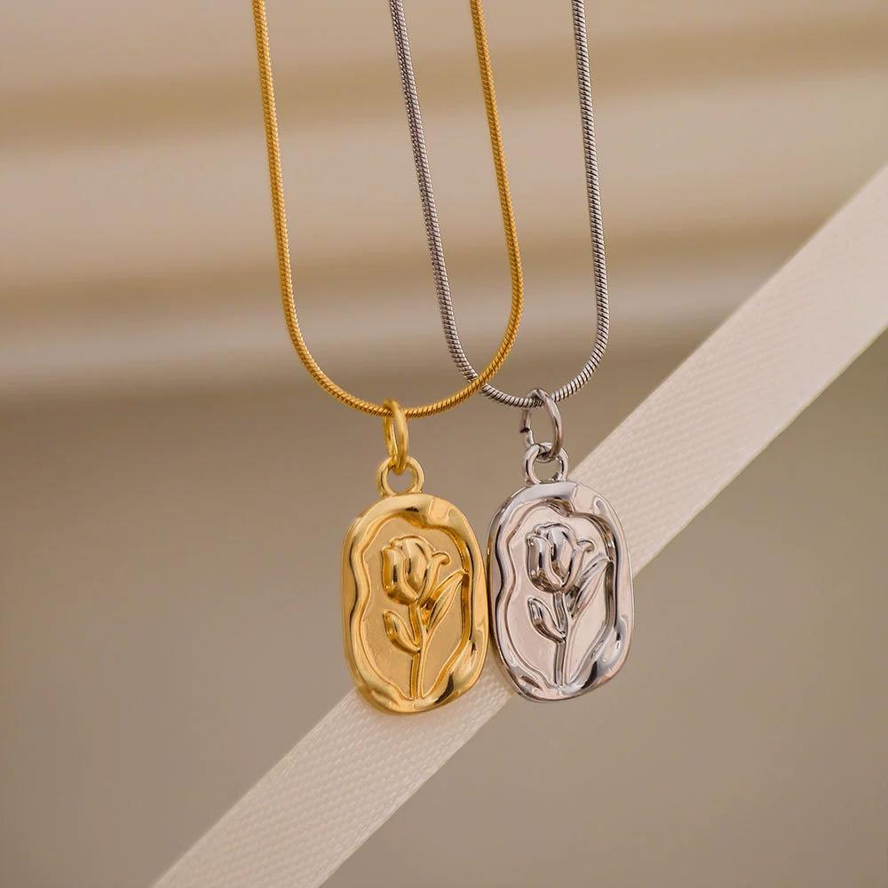 Vintage Fashion Simple Geometric Rose Pendant Necklace For Women Female Boho Gold-plate Snake Chain Choker Jewelry Gift