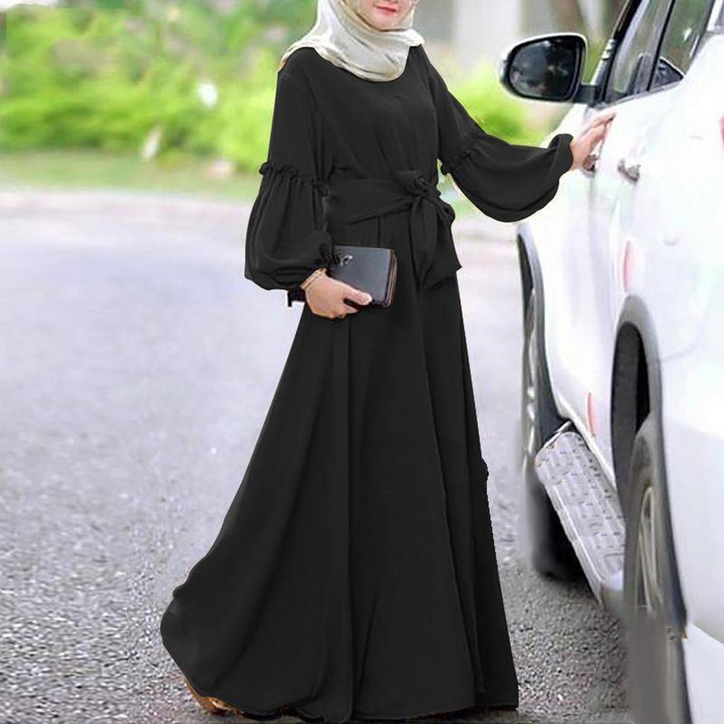 Muslim New Women's Solid Color Fashion Casual Long Sleeve Ruffle Dresses