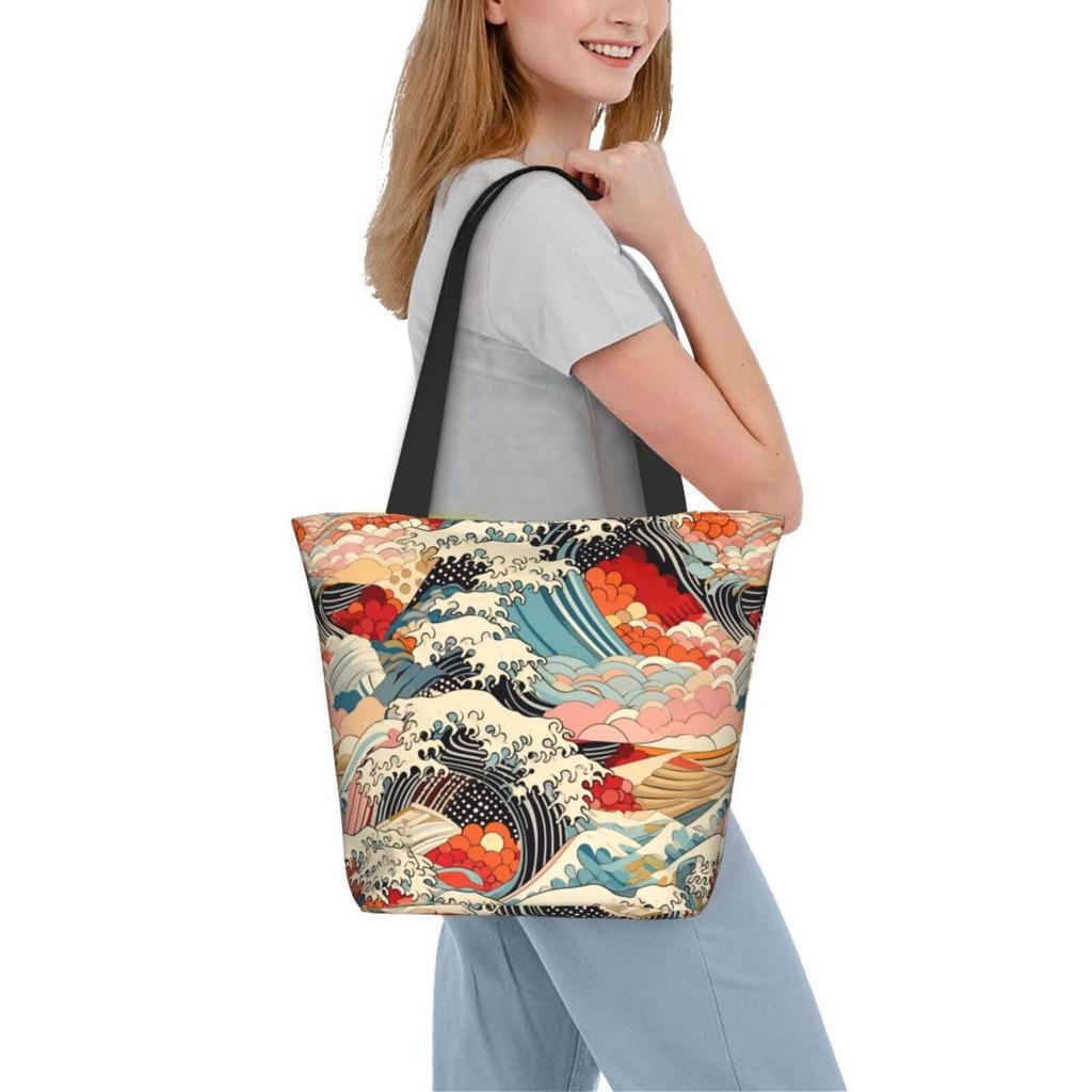 DADABULIU Bunte Wellen-Tragetasche Japanische Japanische Umhängetasche für Herren und Groß Perfekt für den Weg zur Arbeit oder Schultasche, Stil, Muster, Damen,