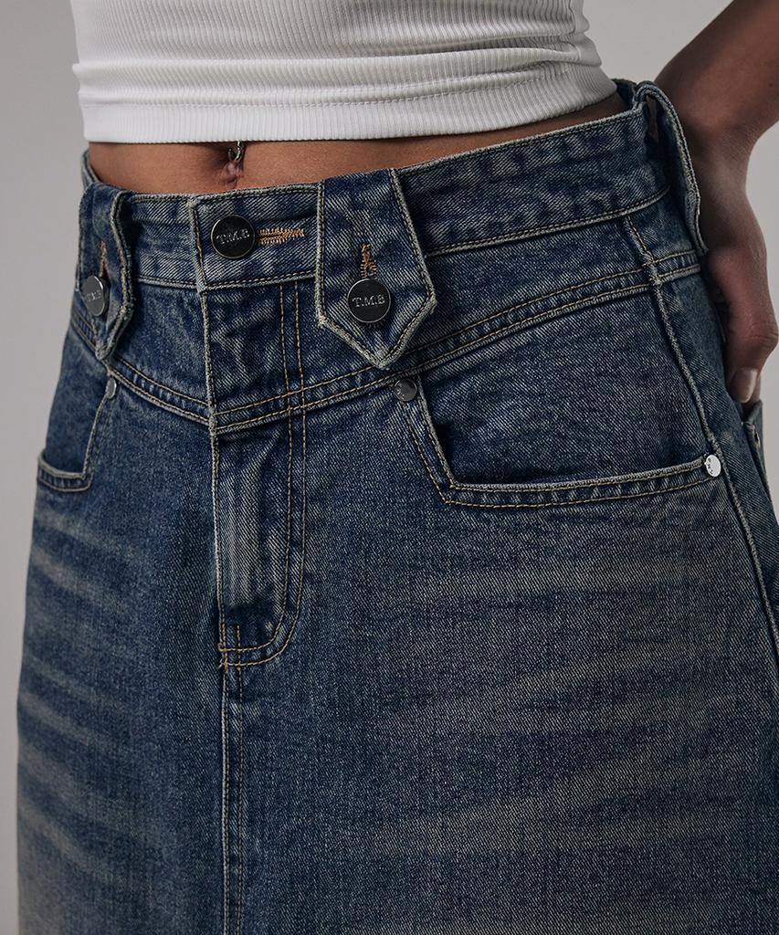 Teulimingbeodeu Front Yoke Denim Long Skirt [ Dark Blue ]