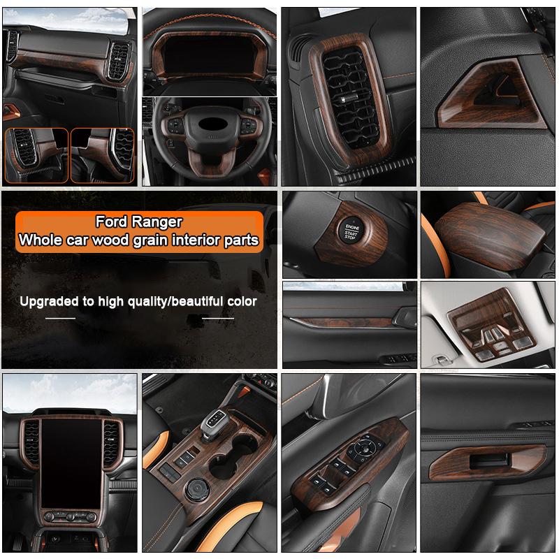 Holzmaserung Innenraum-Überzugsabdeckungen für Ford Ranger Wildtrak T9 2023 2024 Armaturenbrett-Verkleidung Lüftungsdüse Mittelkonsole Schalthebel-Panel-Abdeckung
