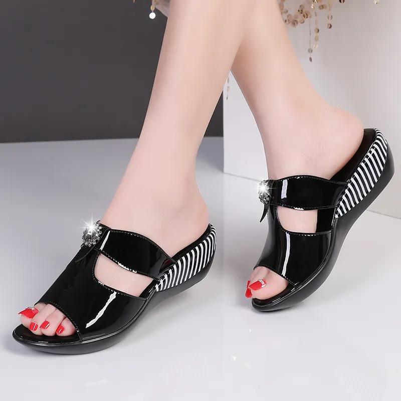 Fashion GKTINOO Women Slipper's 2024 Ladies Summer Slippers Shoes Women Wedges Genuine Leather Fashion Summer Shoes For Mom Flip Flops