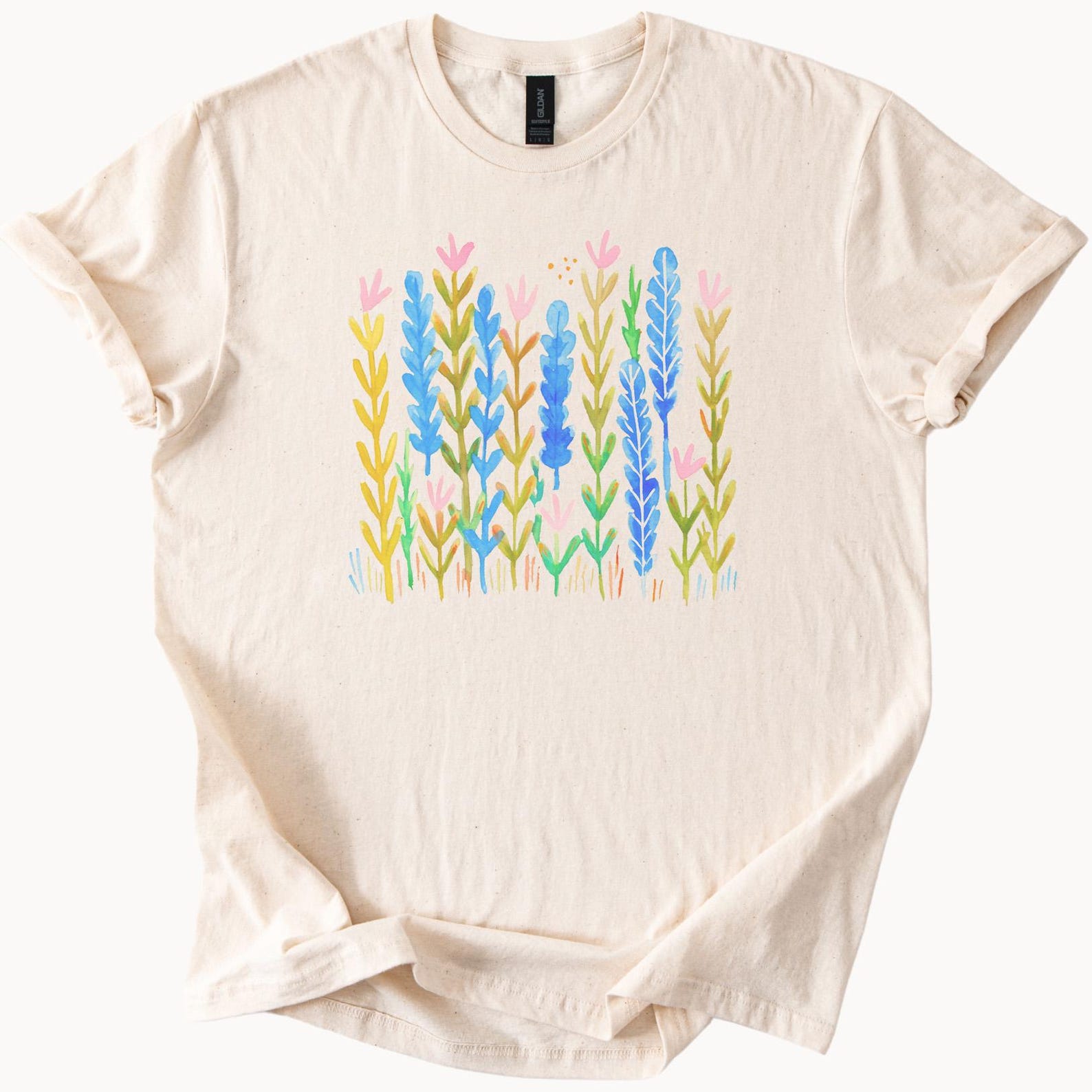 Wildflower Meadow Botanical Graphic T Shirt Hand Drawn Pastel Floral Nature Art Tee Colorful Garden Plants Shirt Gift for Her Him 160