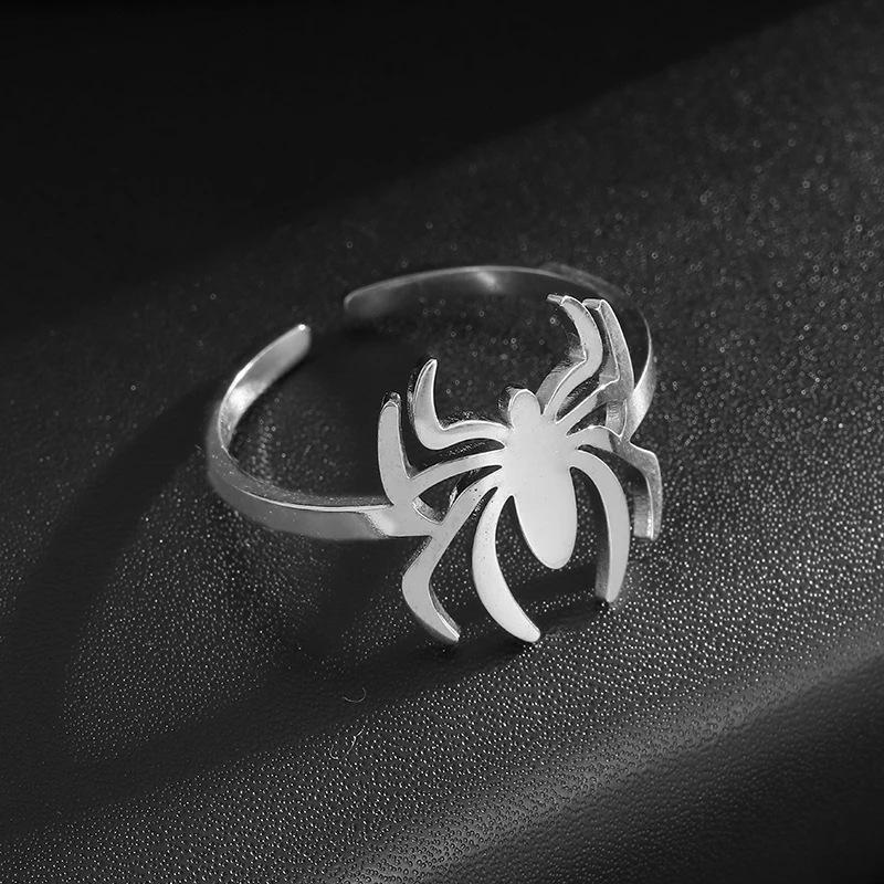 Hot Selling European and American Trendy Item Dark Style Flat Cut Hollow Spider Stainless Steel Ring