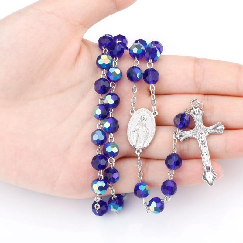 Dark Blue Glass Crystal Catholic Rosary Necklace Virgin Christ Cross Rosary Necklace