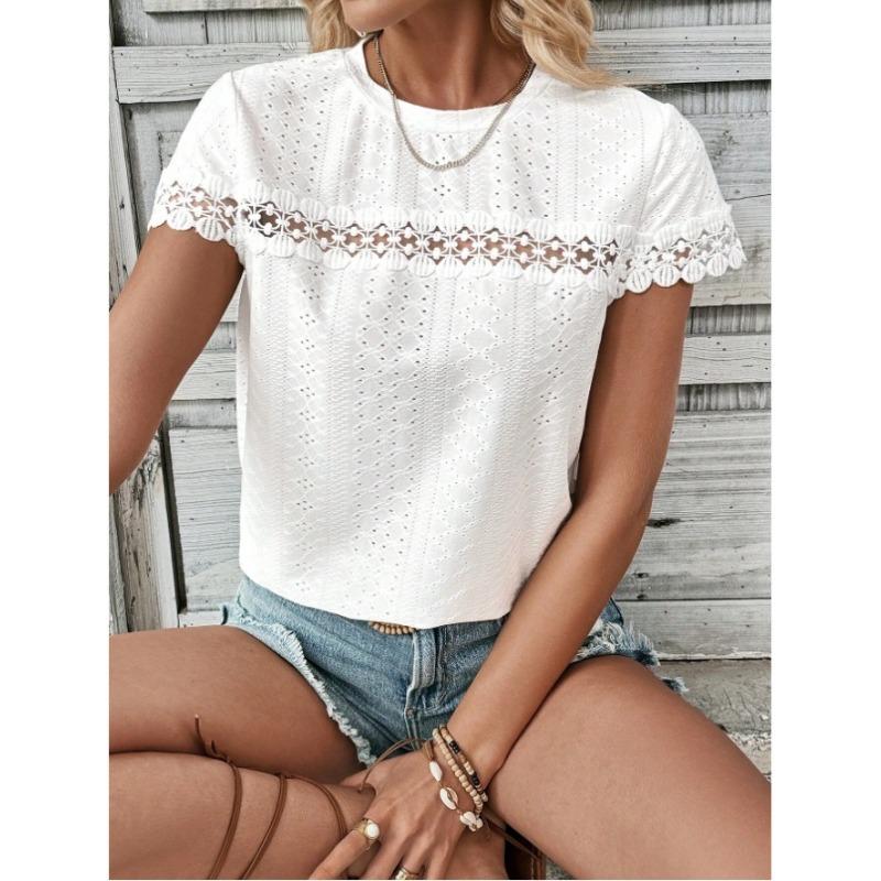 New Spring and Summer Women's V-neck Lace Splicing Loose Casual Hollow T-shirt