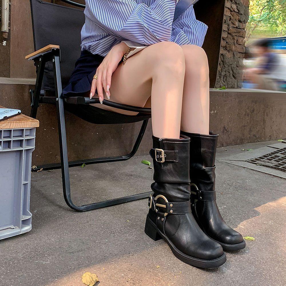Fashion Leather Fleece-Lined Middle Heel Half High Boots for Women Comfortable and Elegant Y2k Large Size Warm Pu Mid Calf Shoes Woman