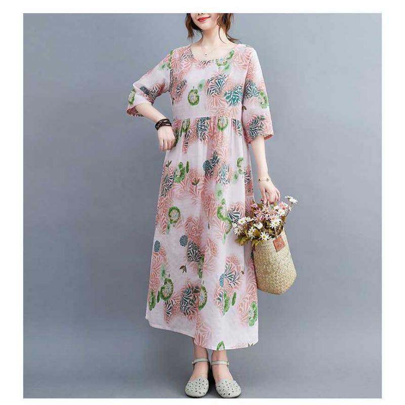 Sommer Neu Übergröße Locker Dünn Rundhals Fünf-Minuten-Ärmel Altersreduzierend Damenkleider