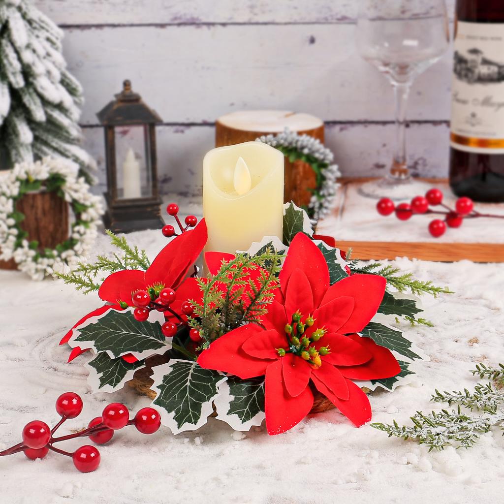 Artificial Red Gold Poinsettia Flowers Garland Christmas Candlestick Wreath Table Decor Navidad Noel Red Gold Candle Ring