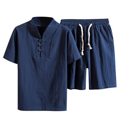 Men's Summer Solid Color Cotton Linen Two-piece Thin Short-sleeved T-shirt + Shorts Suit