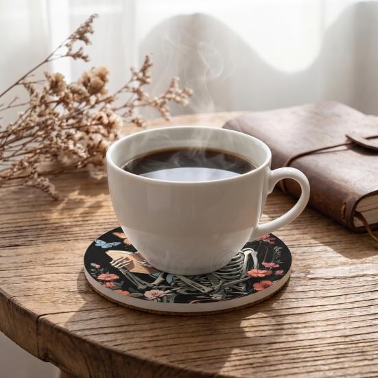 Gothic Home Accessories 6PCS Skull Pattern Wooden Coasters, Heat Insulation Moisture Absorption Drink Table Protection Mats Retro Decorative