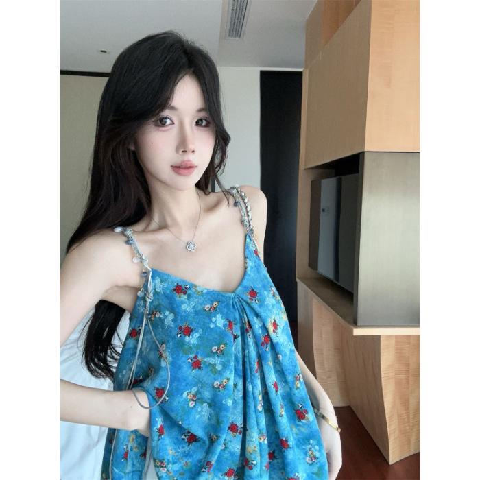 

Retro Blue Floral Ruffle Camisole - Sleeveless Summer Beach Top Small
