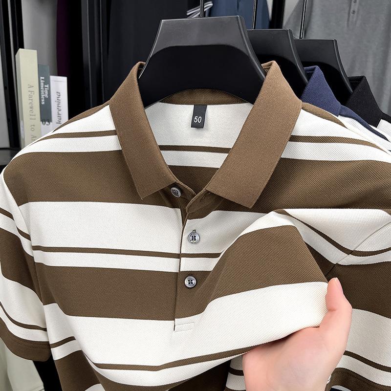 Popular Striped Men'S Summer Short-Sleeved Lapel T-Shirt Polo Shirt Middle-Aged And Elderly Casual Plaid Base