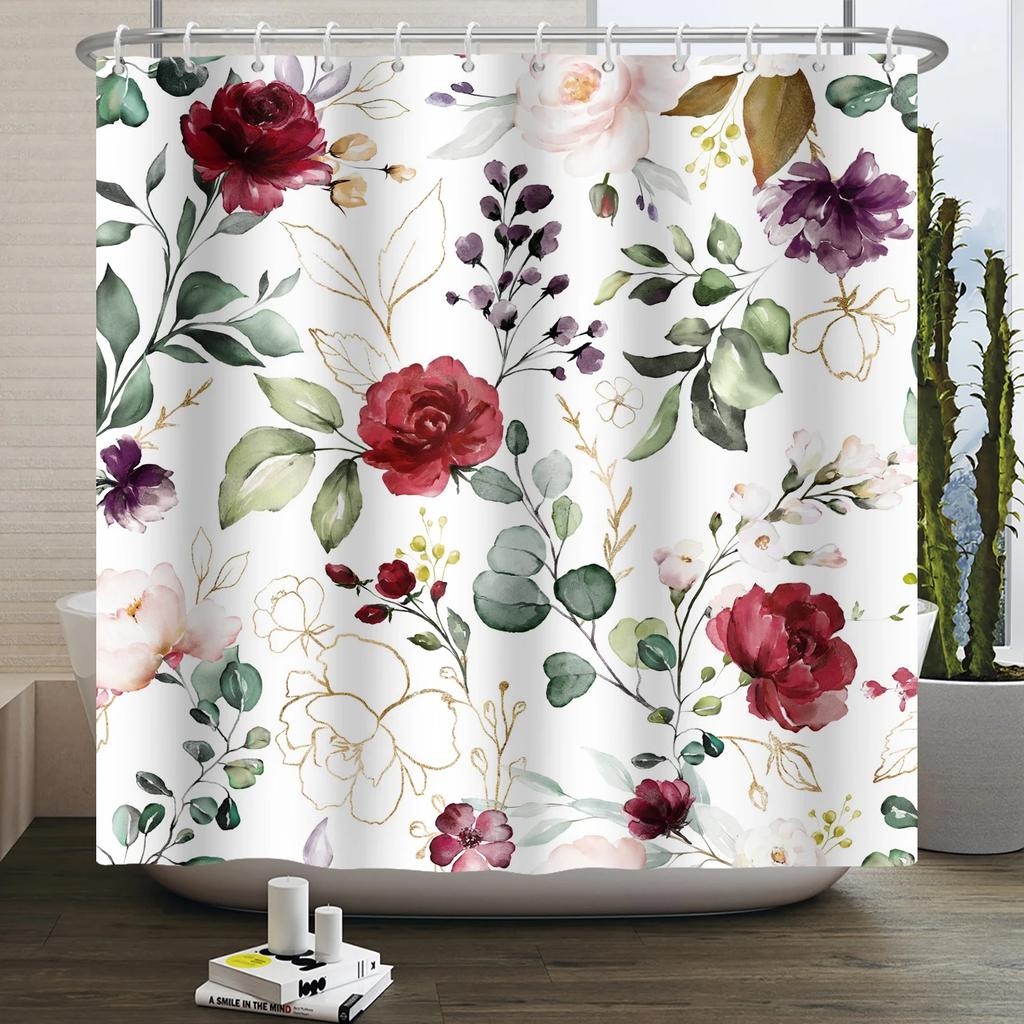 Floral Duschvorhang für Badezimmer Vintage Blume Schmetterling Wasserdichter Stoff Boho Badewanne Badezimmervorhang Mit Haken 180x240