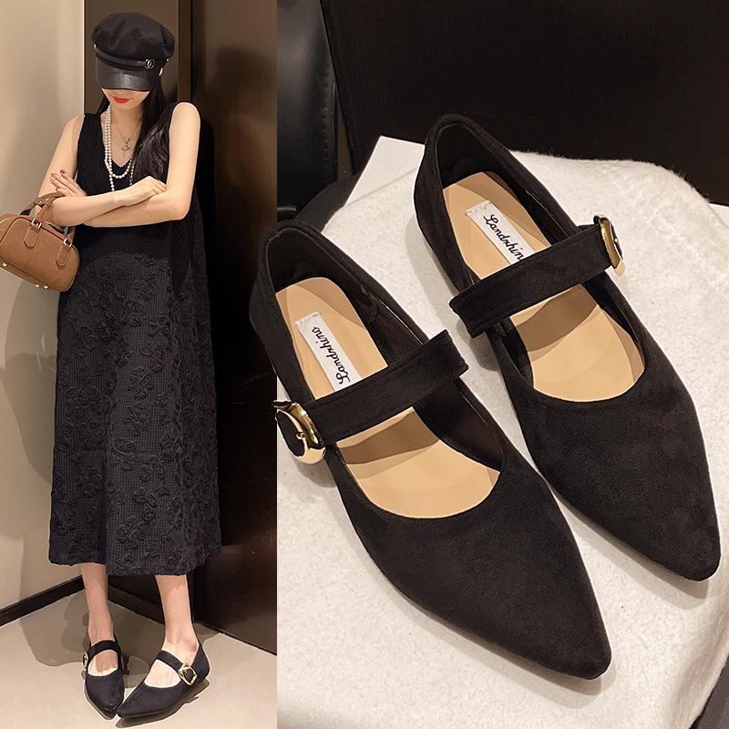 2025 Low Heeled 2cm Women Pumps One Word Buckle Strap Design Solid Color Female Shallow Mouth Pointed Toe Comfy Low Heeled Shoes