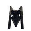 Pure Desire Wind Stitching Tube Top High Fork Jumpsuits Mesh