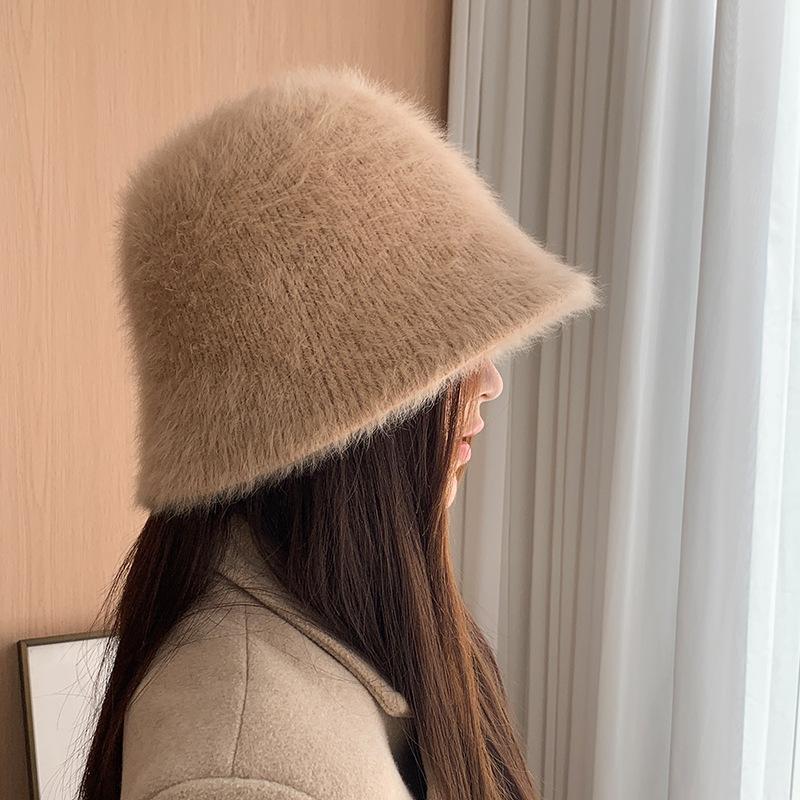 Rabbit Hair Fisherman Hat Children Autumn and Winter Versatile Plush Knitted Bucket Hat Warm Ear Protection Washbasin Hat