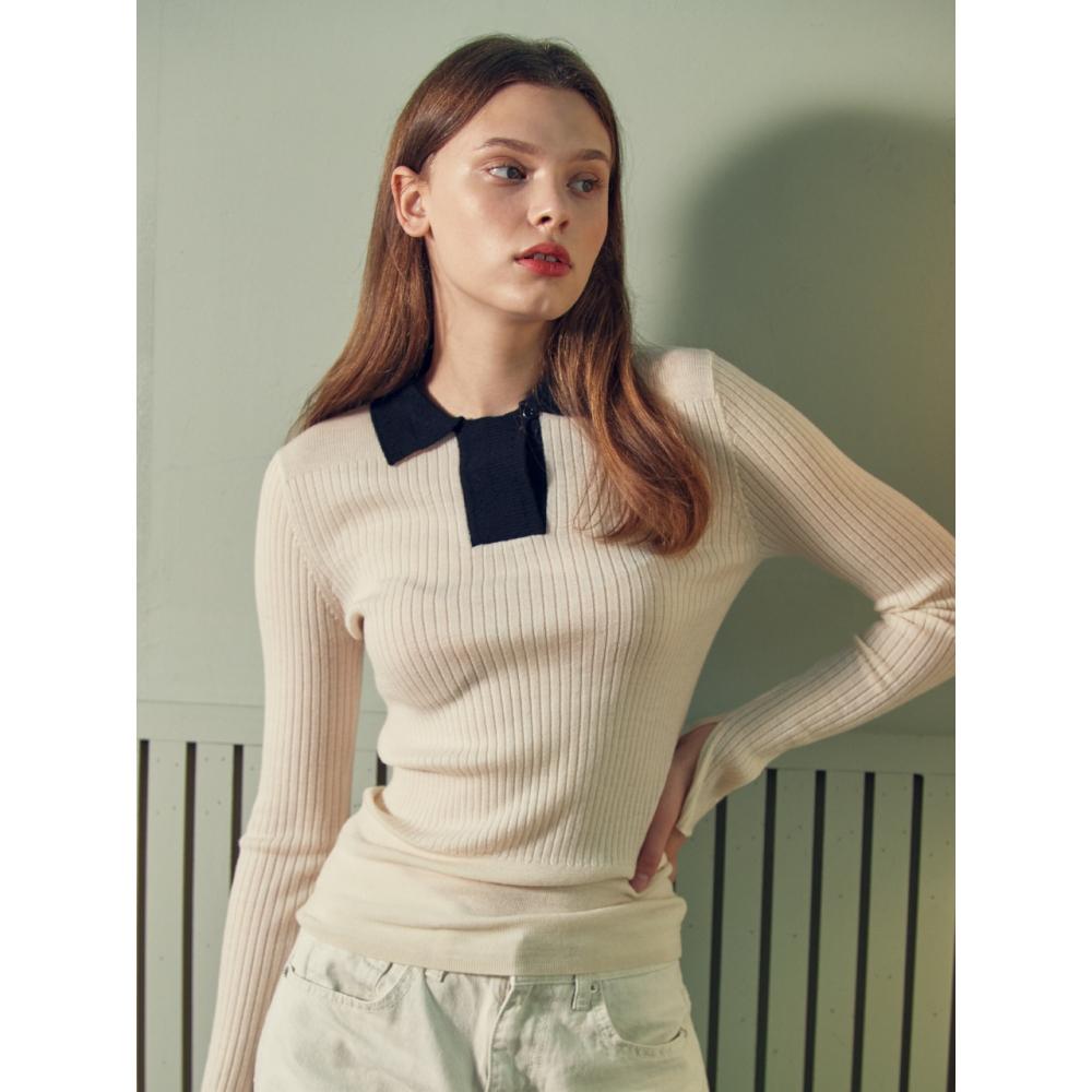 

LORDLOAR Color Matching Collar Slim Knit IVORY