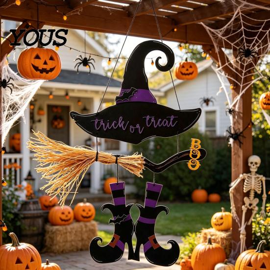 Witch Hat Wall Decor Halloween Boot Sign, Hanging Trick or Treat Decoration Entrance for Home Room, Wooden Front Door Hanger Holiday