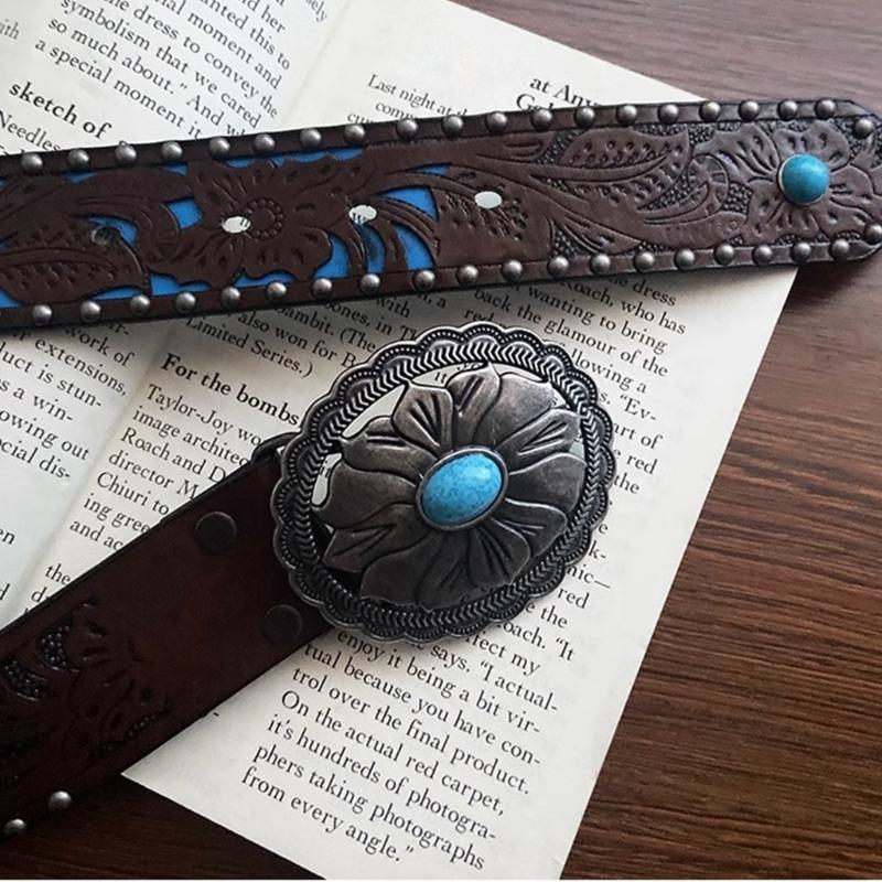 Vintage Bohemia Belt for Women Turquoise Embossed Buckle Decorative Belt Cowboy Belt for Female Cowgirl Jeans Waist Belt