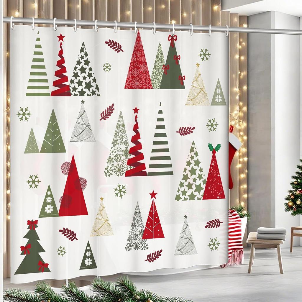 Merry Christmas Shower Curtain, New Year Winter Bathroom Curtain, Christmas Tree Shower Curtain With Red Stars Snowflake