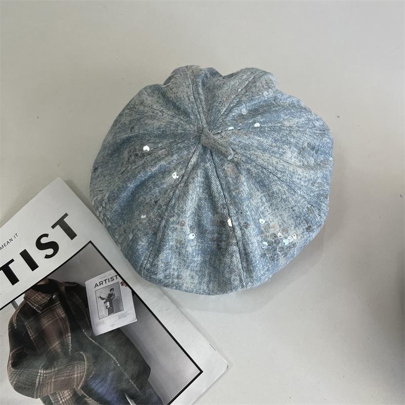 

Джинсовый берет с пайетками женский летний модный темпераментная шляпа художника, подчеркивающая лицо, шляпа с маленьким звездчатым анисом, весна и осень M（56-58cm） светло-синий