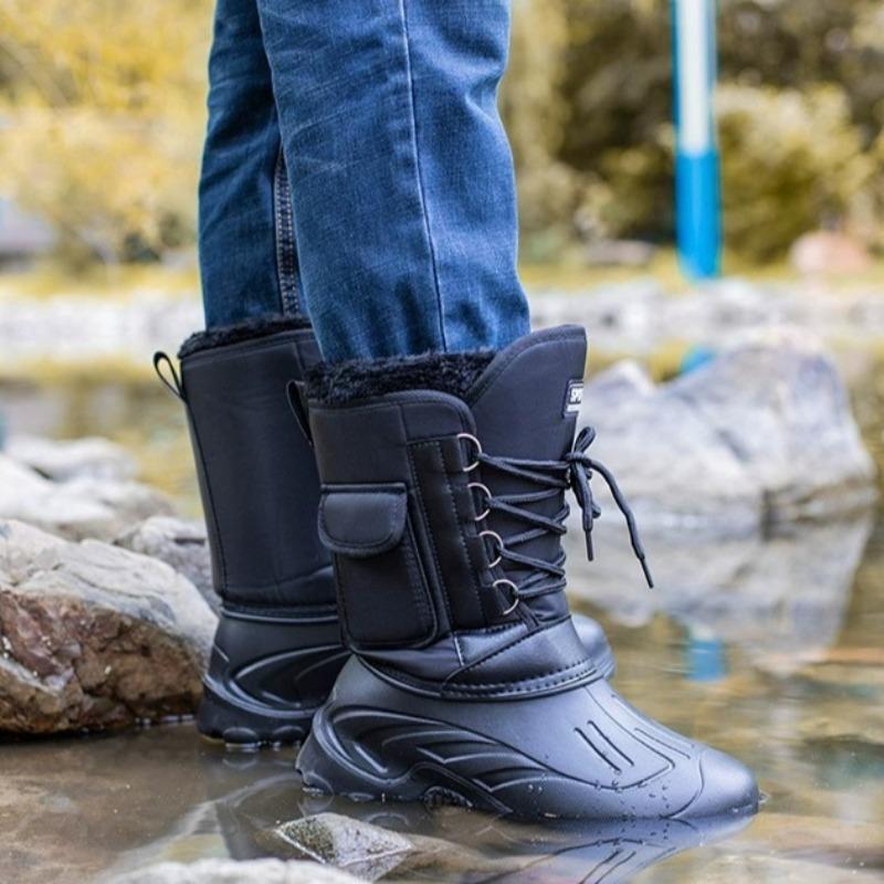 Fashion Men's Mid-calf Rain Boots Outdoor Non Slip Waterproof Fishing Boots Winter Plush Warm Snow Boot Plush Cotton Rain Boots for Men