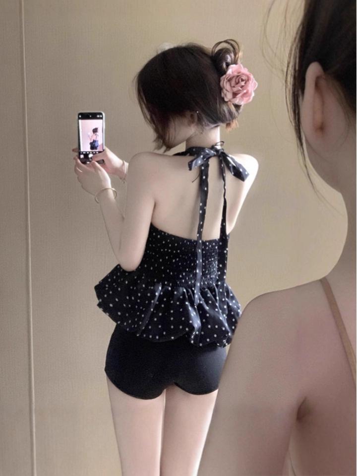 Women's Chic Black Polka Dot Halter V-Neck Slim Fit Summer Vest