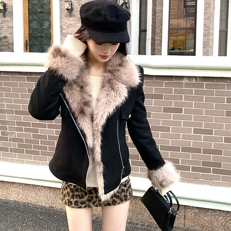 Women's Black Shearling Fur Collar Short Slim Fit Biker Jacket - Autumn/Winter Thickened Coat