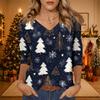 Women's Christmas Print V-Neck Three-Quarter Sleeve Casual Loose Fit Shirt