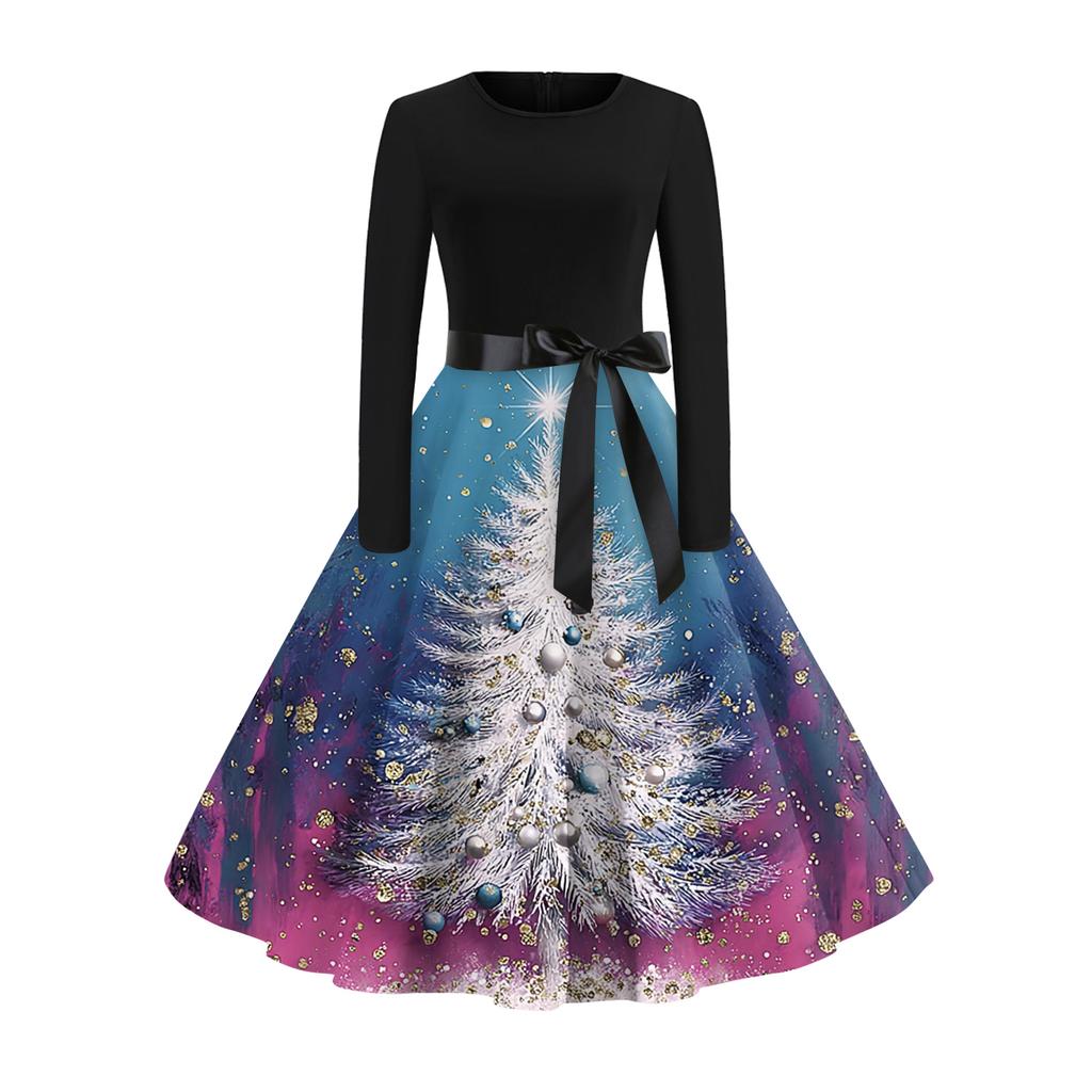 Women's Fashionable And Elegant  Winter Long-sleeved Christmas Tree Print Dress