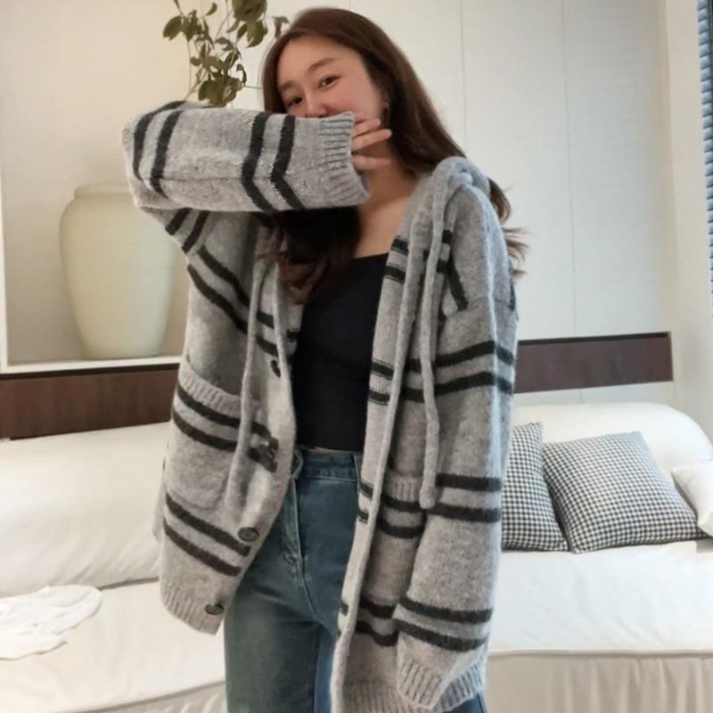 Hooded Striped Medium and Long Large Size Knitted Cardigan Women's Autumn and Winter Loose Lazy Wind Loose Soft Waxy Sweater Jacket Top