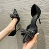 Black High Heels Women's Thin Heels Pointed Head New Year's New Bow Rhinestone Single Shoes Hollow Sandals Large Size