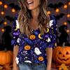 Women's Casual V Neck Top with Halloween Print, Short Sleeve, for Holiday Parties and Everyday Wear