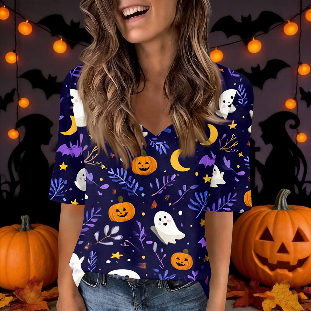 Women's Casual V Neck Top with Halloween Print, Short Sleeve, for Holiday Parties and Everyday Wear
